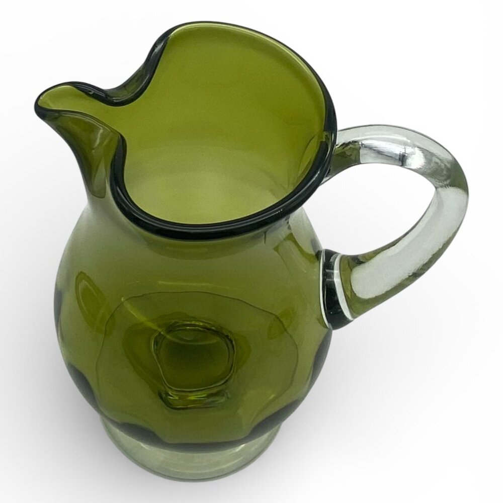 Vintage Avocado Green Art Glass Pitcher Pedestal Base Applied Handle MCM - Picture 4 of 11